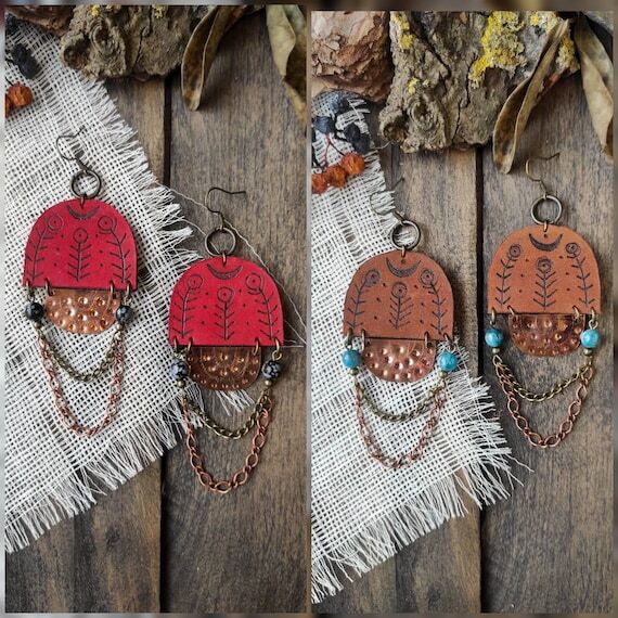 Leather statement earrings, Brass and copper ...