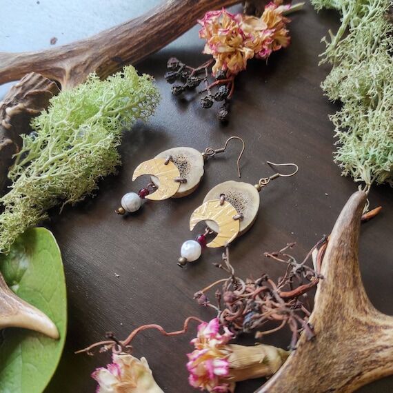 Brass moon earrings, Antler earrings, handmad...