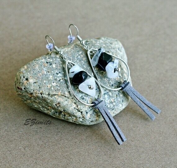 Raw Agate Teardrop Earrings: Black & White Ge...