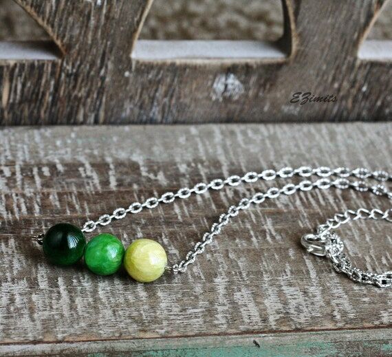 Jade Bead Bar Necklace: Antiqued Silver Chain...