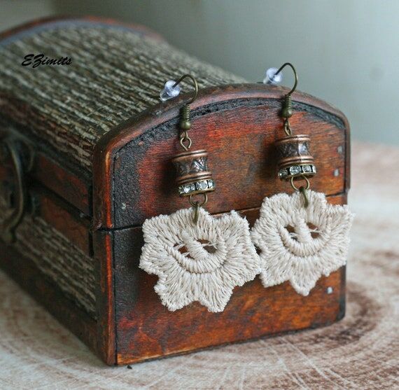 Lace Flower Earrings: Beige Fabric, Bronze Be...