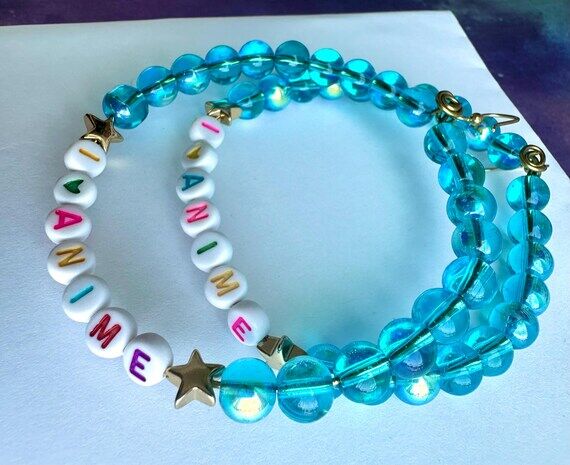 Aqua Blue I Love Anime Lettering Beaded Hoop ...