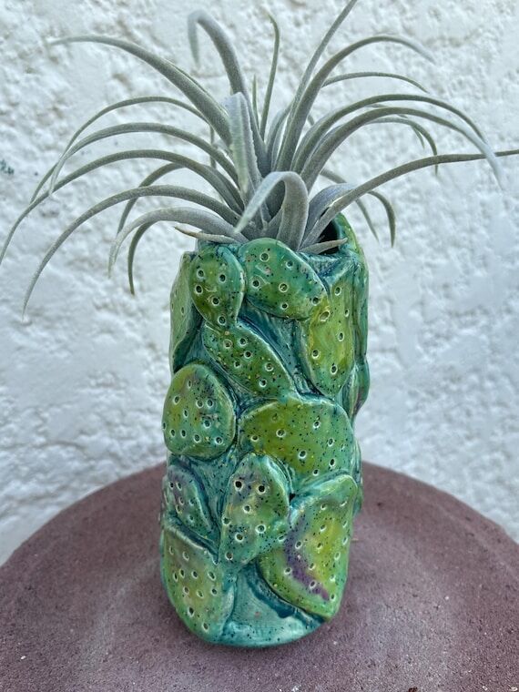 Prickly pear teal vase, cactus ceramic handma...