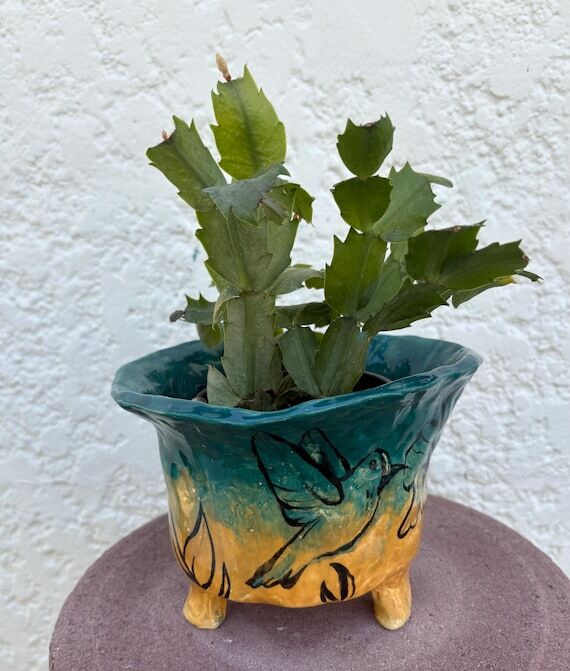 Hummingbird ceramic garden planter, handmade ...