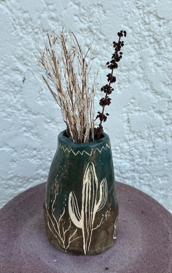 Cactus ceramic flower vase, sgrafitto, fine a...