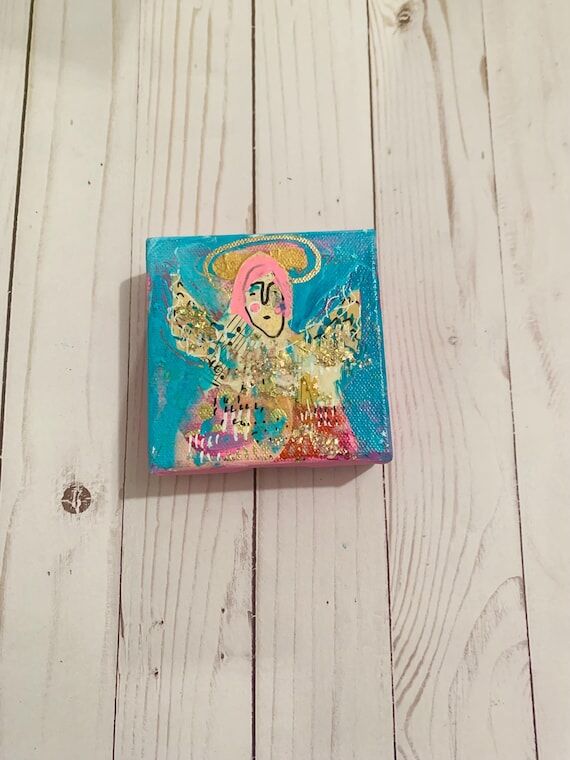 Original Angel painting, 4x4x1, mixed media...