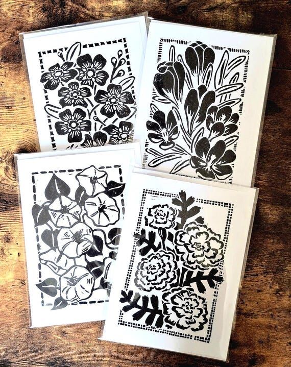 Floral Greeting Card 4 Pack | Assorted Linocu...