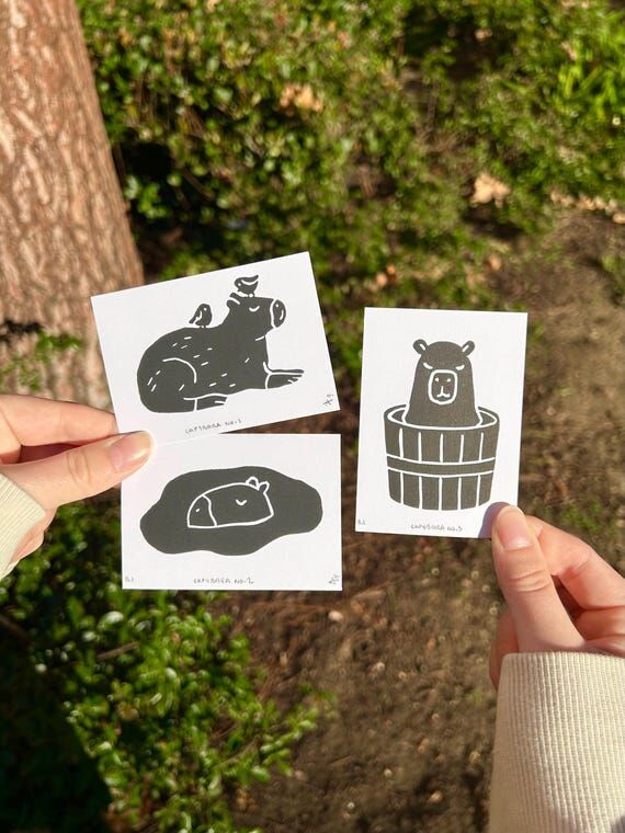 Mini Capybara Linocut Prints Set of 3 - Quirk...