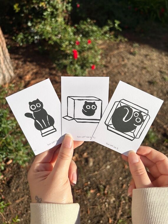 Mini Cat Linocut Prints 3-Pack Mini Quirky Ar...