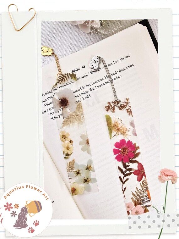 Floral Bookmark with Pet Charm, Pressed Flowe...