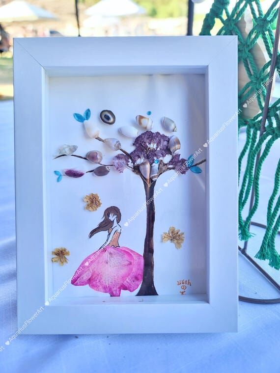 Handmade Pressed Flower Art, Shells Artwork -...