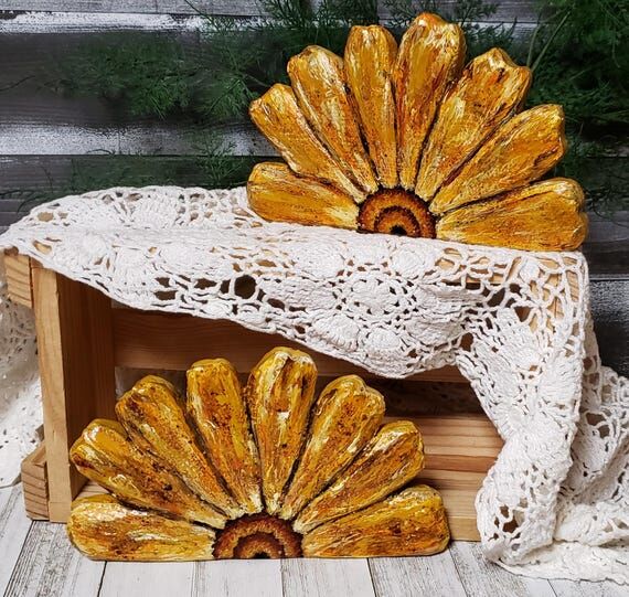 Hand-Painted Wooden Sunflower Wedge by Artist...