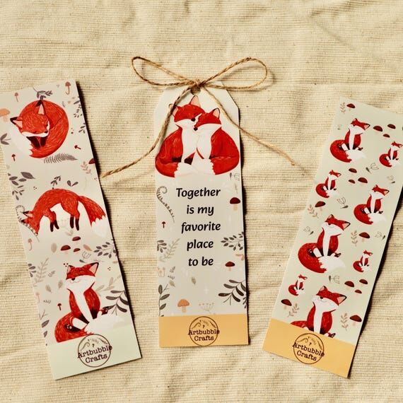 Fox Bookmark Set, Animal Bookmarks, Hand Draw...