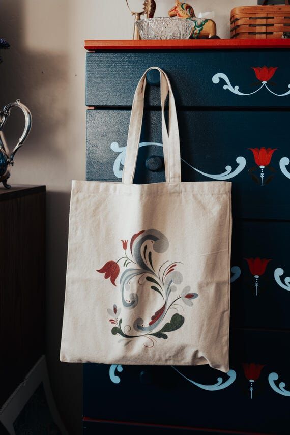 5) Rosemaling Tote Bag, Scandinavian Folk Art...