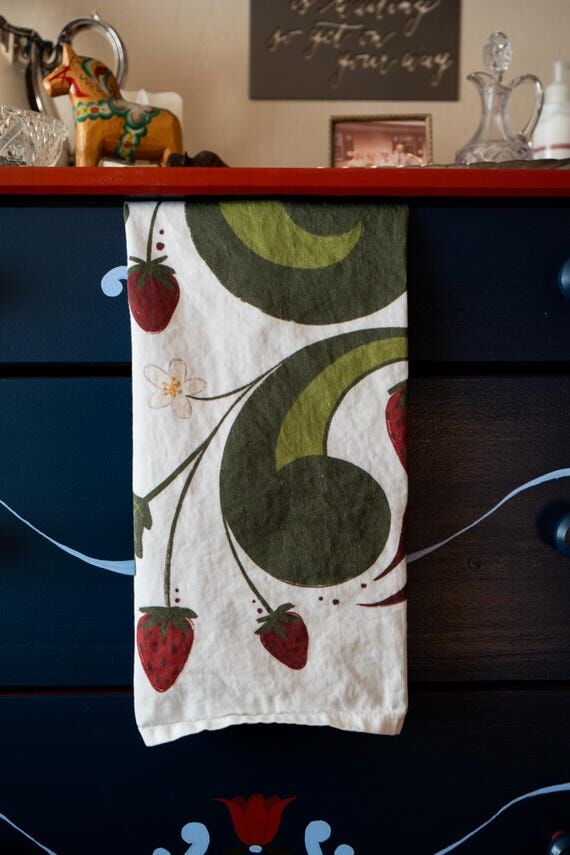 Scandinavian Strawberry Folk Art Tea Towel...