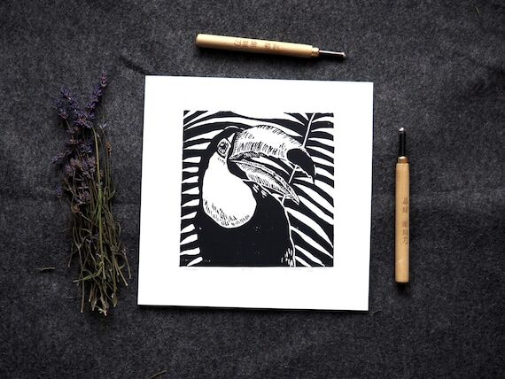 Toucan wall art | Original linocut handmade p...
