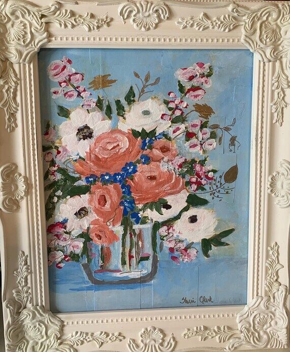 Shabby Chic Floral Art Vase Painting, Mixed M...