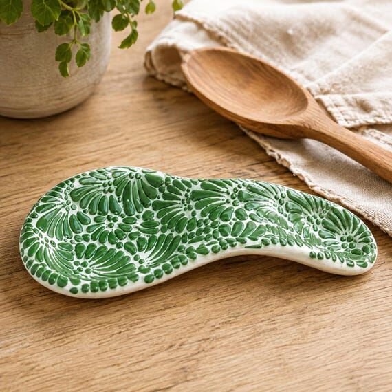 Hand-Painted Mexican Talavera Spoon Rest, Gre...