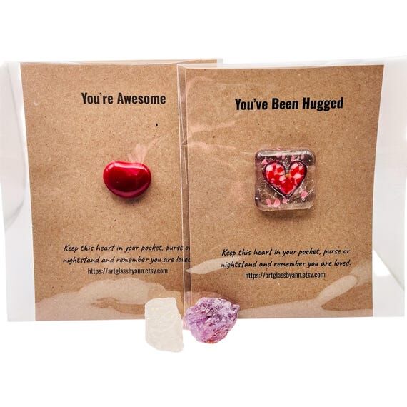 Fused Glass Heart, Charm, Token, Hug on Card...