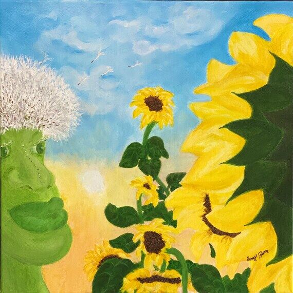 Sunflower Painting Green Man Painting Whimsic...