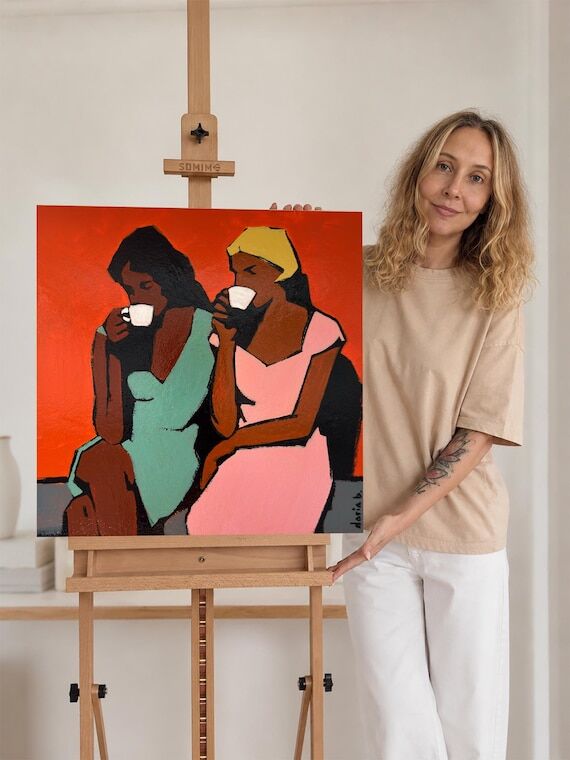 2 Women Drinking Coffee Original Painting...