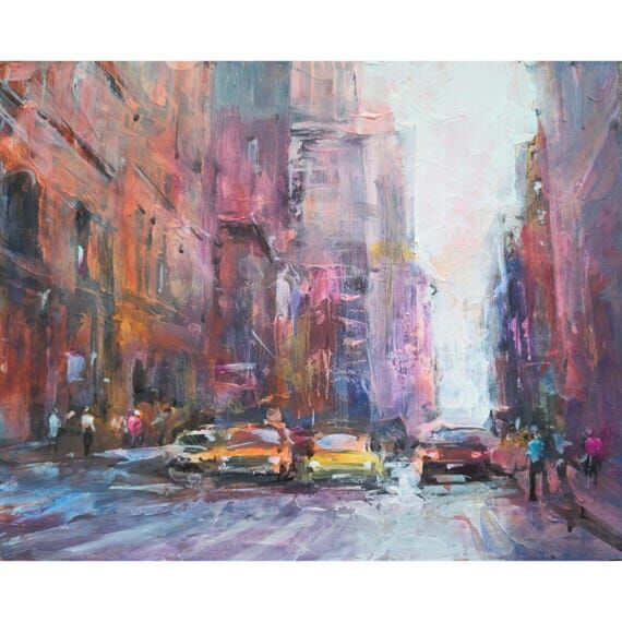 New York Oil Painting Cityscape Street View O...