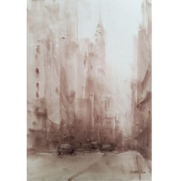 New York painting, sepia drawing on paper. Ci...