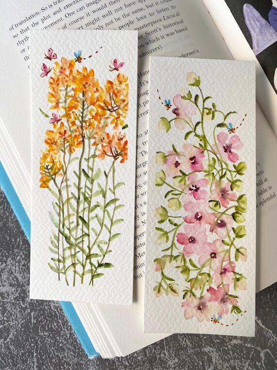 Floral Watercolor Bookmark Set, Original Hand...