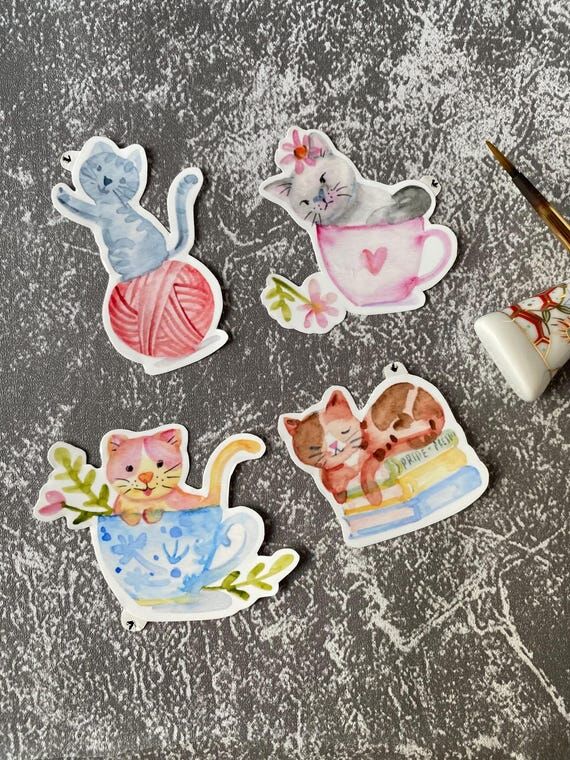 Watercolor Mischief Cat Stickers, Vinyl Decal...