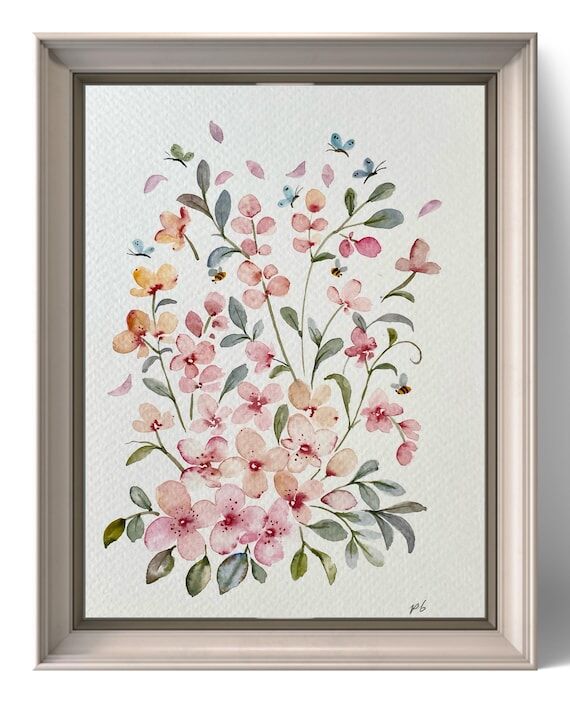 Original Floral Watercolor Painting, Whimsica...