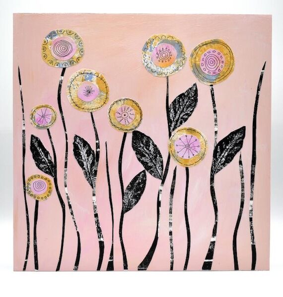 Whimsical Garden Art, Mixed-Media Collage, Ac...