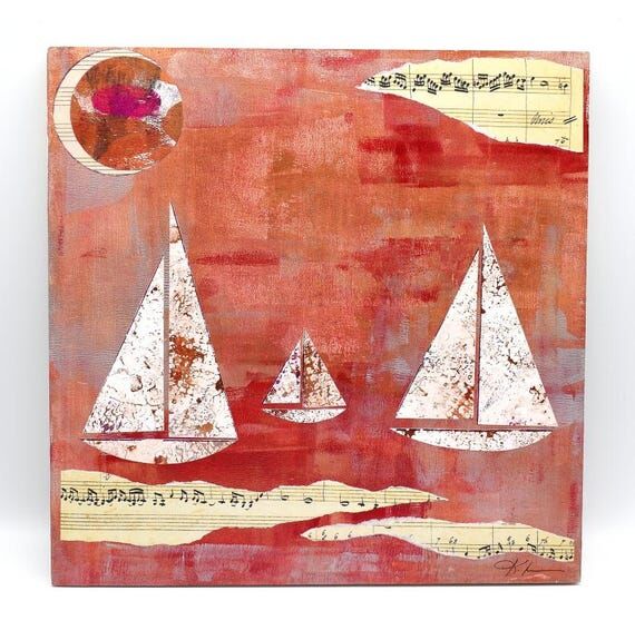 Abstract Sailboat Collage Art, Original, Hand...