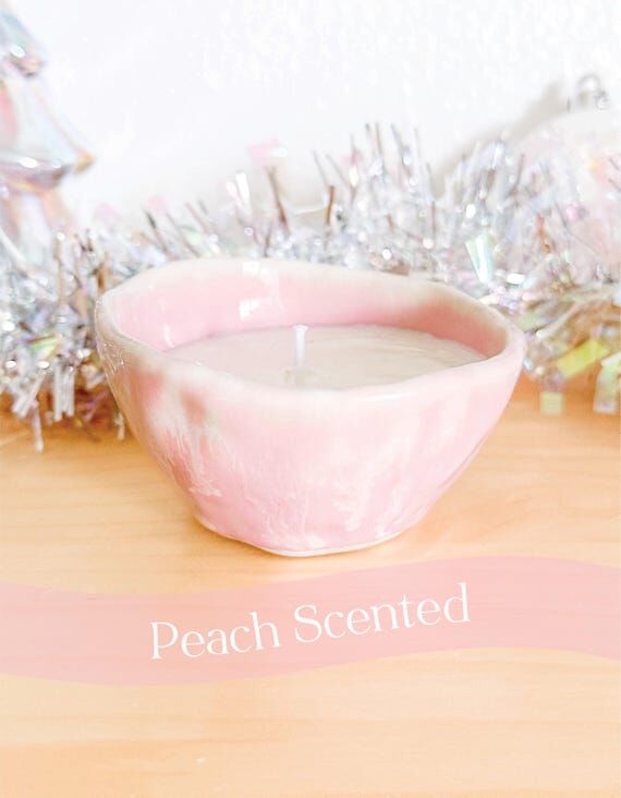 Peach scented candle, handmade ceramic bowl, ...