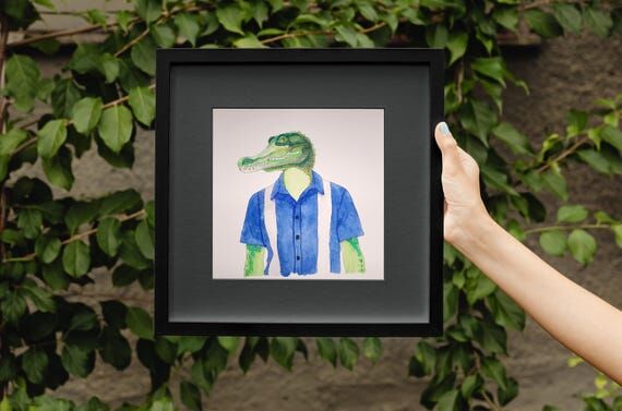 Alligator in Blue Shirt Watercolor Original H...