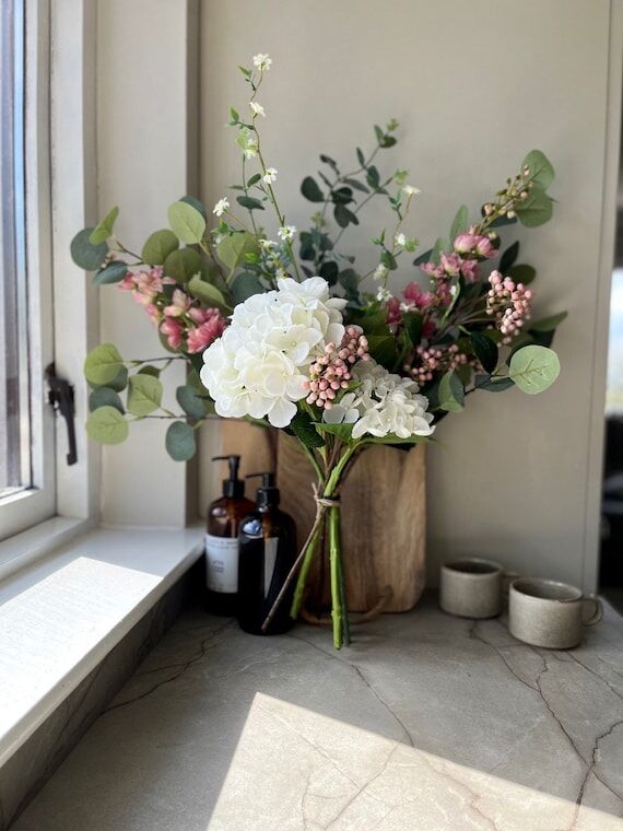 Handmade Faux Hydrangea Bouquet with Pink Ber...