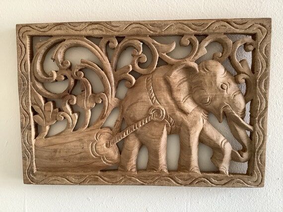 Burmese Handmade Wooden Carved Square of Elep...