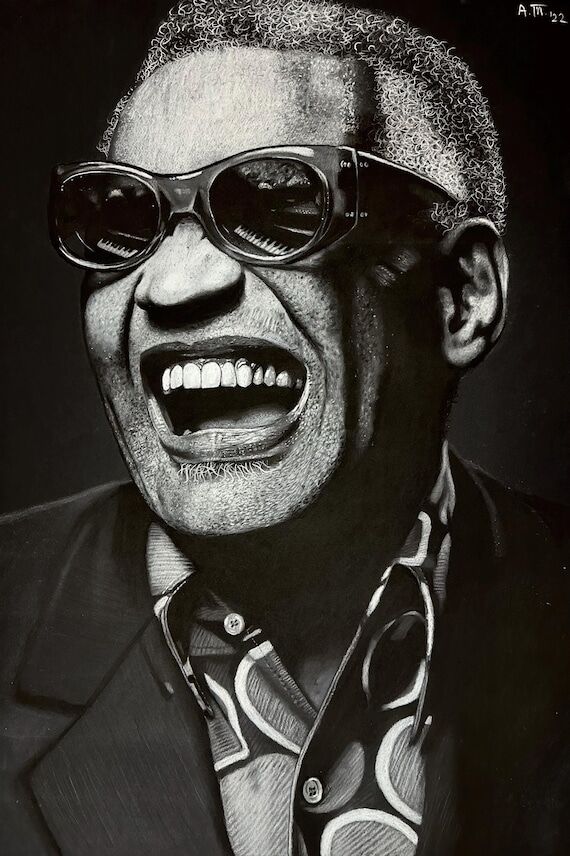 Ray Charles Original Charcoal Portrait: Handm...
