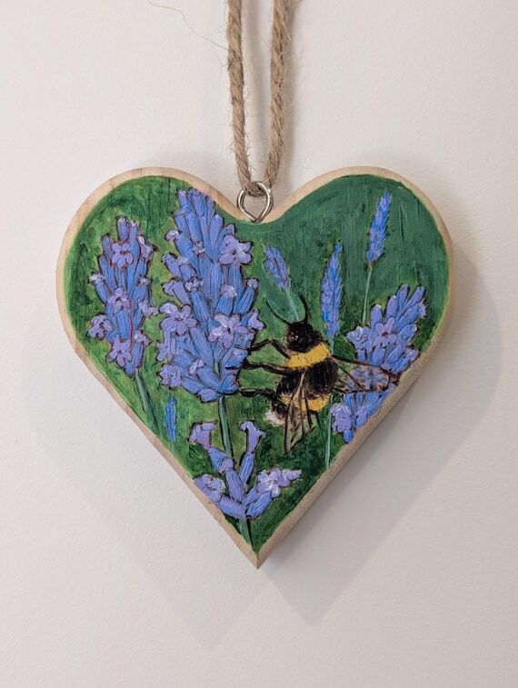 Wooden Heart Wall Hanging Lavender Bee...