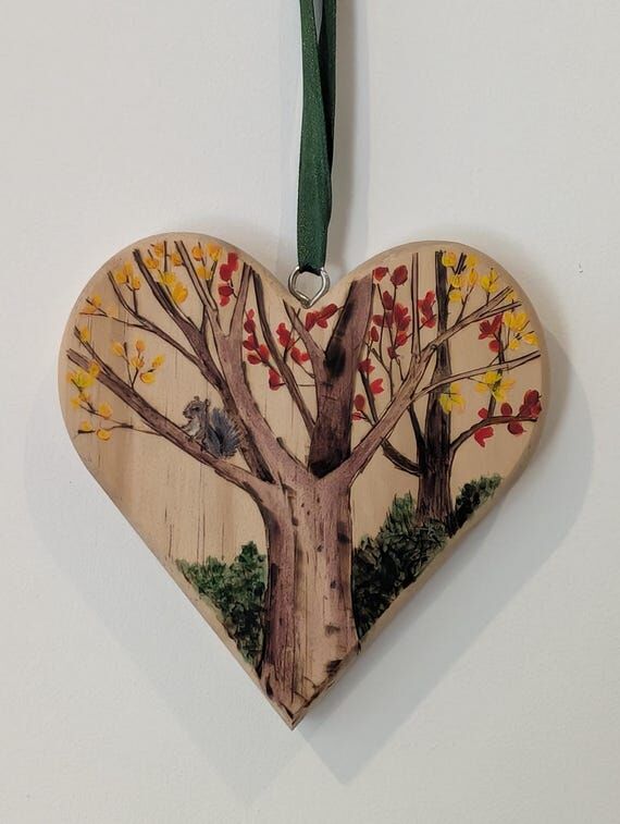 Wooden Heart Wall Hanging Squirrel Autumn Tre...