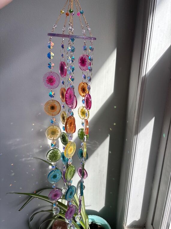 Handmade Pressed Flower Suncatcher Mobile –...