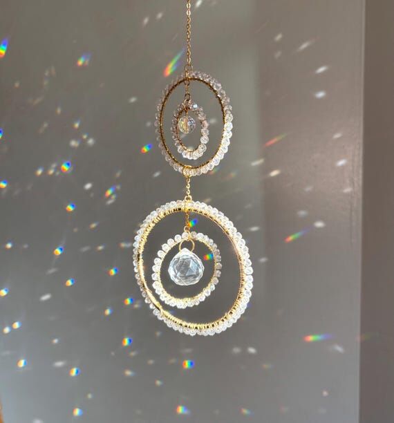 Handmade Crystal Prism Sun Catcher • Gold W...