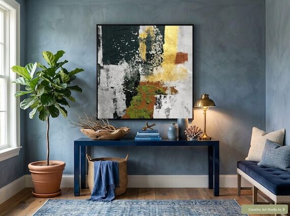 White Mixed Media Impasto Gold Leaf Abstract ...