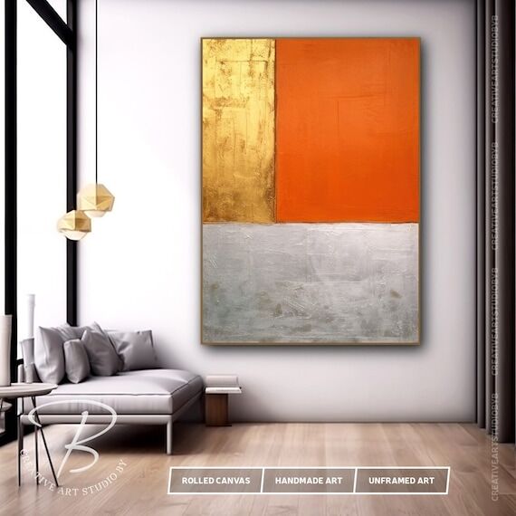 Hand-Painted Orange & Gold Texture Wall Art, ...