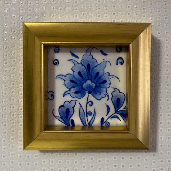 Blue Tile Art Framed Wall Decor, Vintage Blue...