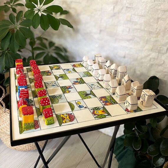 Handcrafted Ceramic Tile Chess Set with Coffe...
