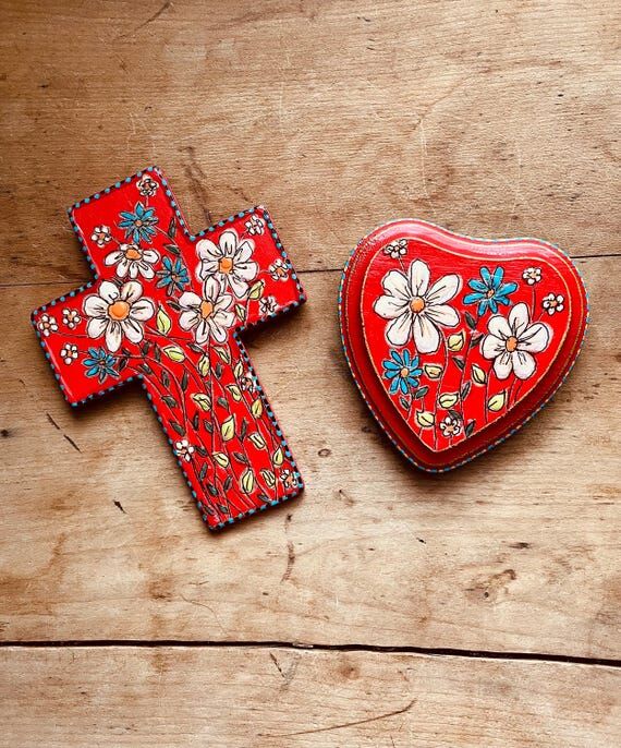 Floral Wood Cross or Heart Wall Decor: Hand-P...