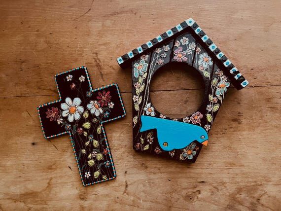Floral Wood Cross or recycled birdhouse frame...