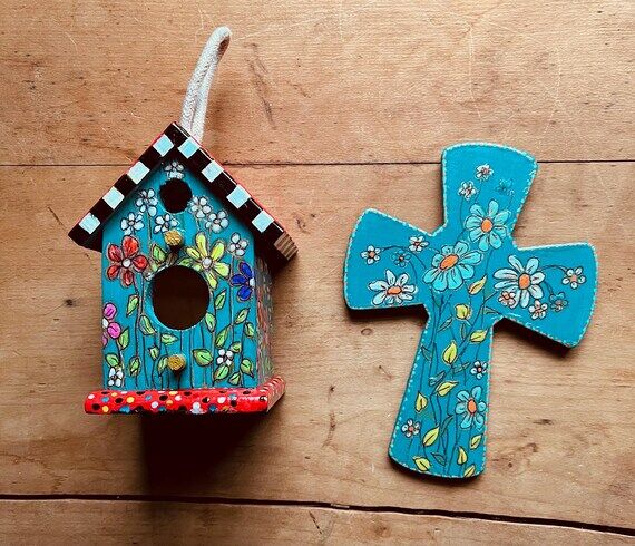 Hand Painted Floral Birdhouse or floral cross...