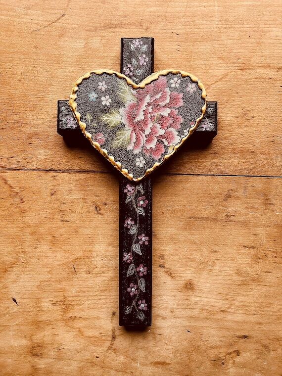 Hand-Painted Wood Cross with Heart, Christian...