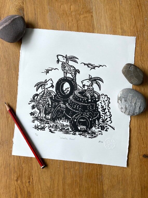 Goats on Tyres Linocut Print: Quirky Handmade...